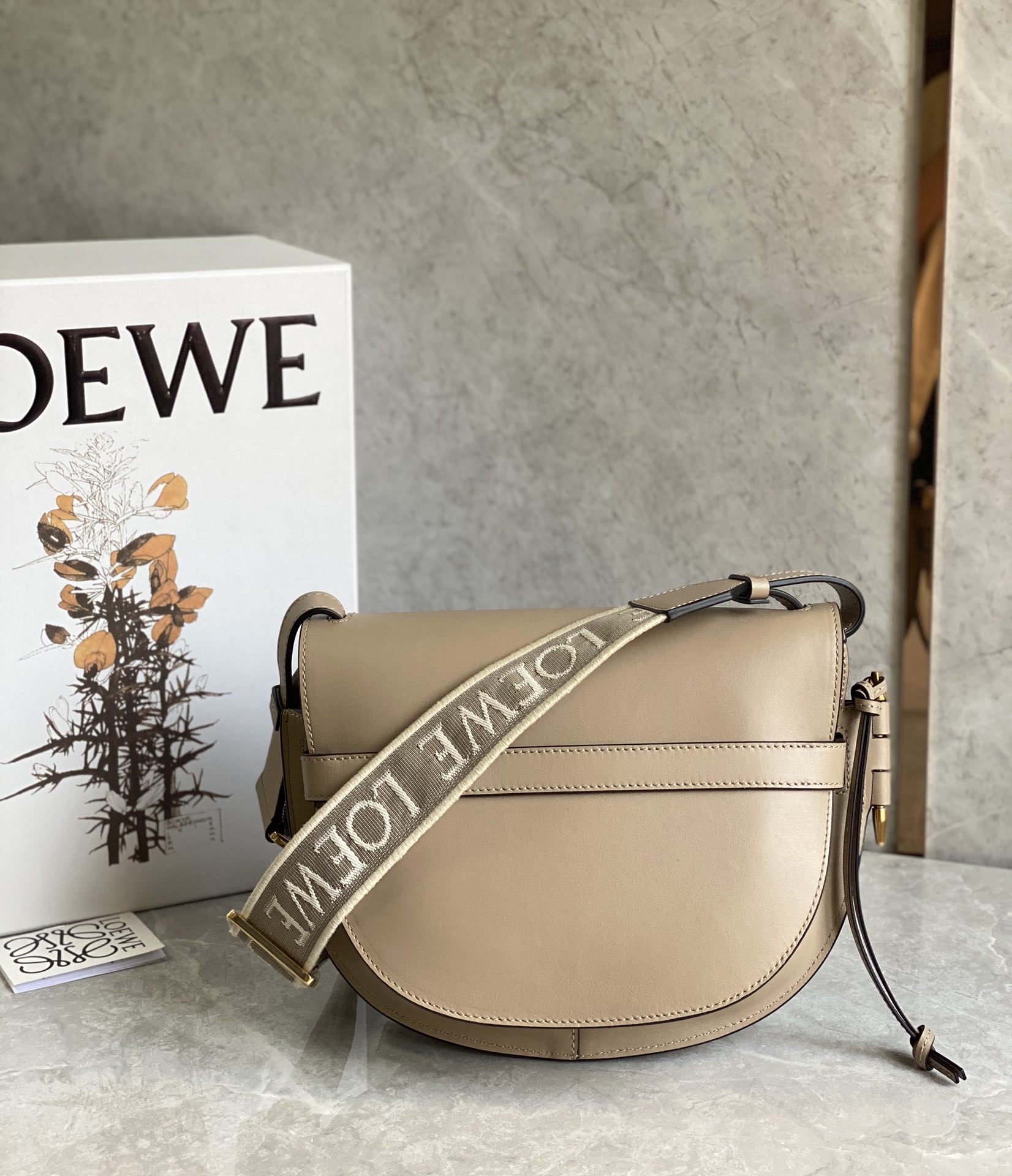 Loewe Small Gate Dual Bag in Soft Calfskin and Jacquard Light Brown